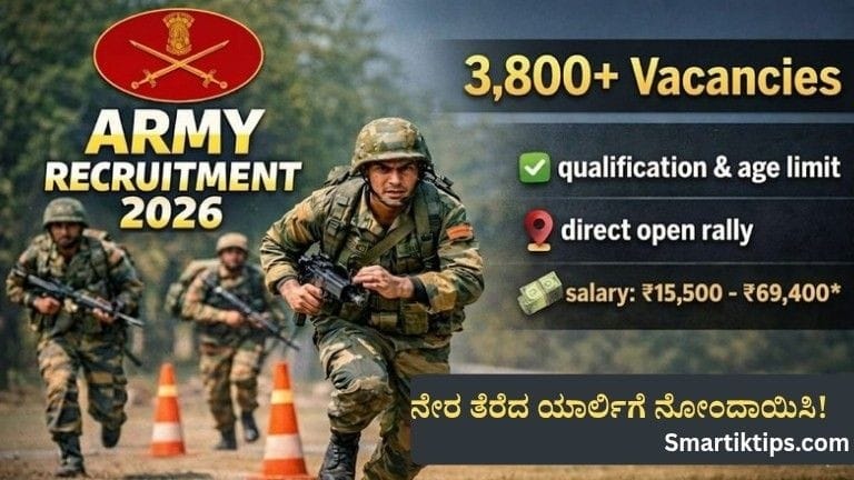 Army Recruitment 2026 Kannada thumbnail showing Indian Army rally selection, 3800+ posts, eligibility, salary details and direct recruitment information