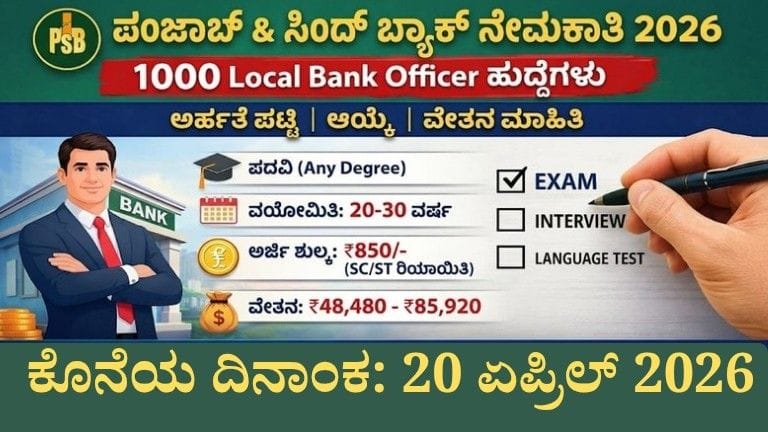 Punjab and Sind Bank Recruitment 2026 Kannada image showing 1000 Local Bank Officer posts, salary ₹48480 to ₹85920, eligibility any degree and last date April 20 2026